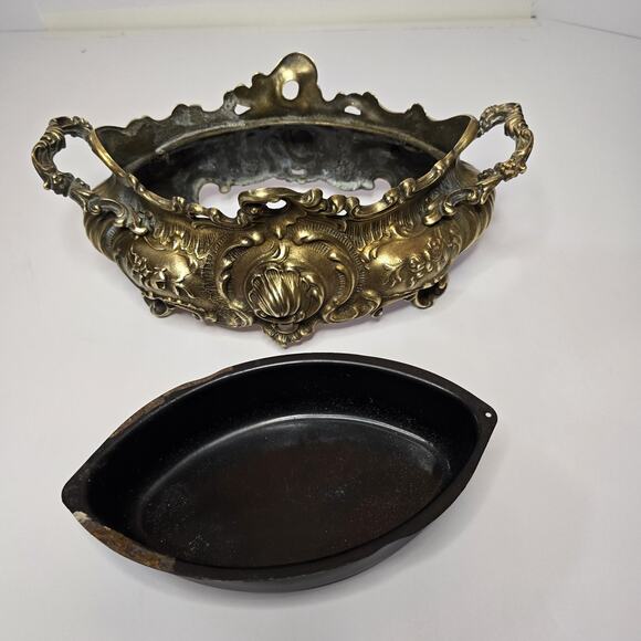 Vintage Brass Italian Style Rococo Jardiniere Planter w/ Insert - 11.75" Long - Picture 5 of 5
